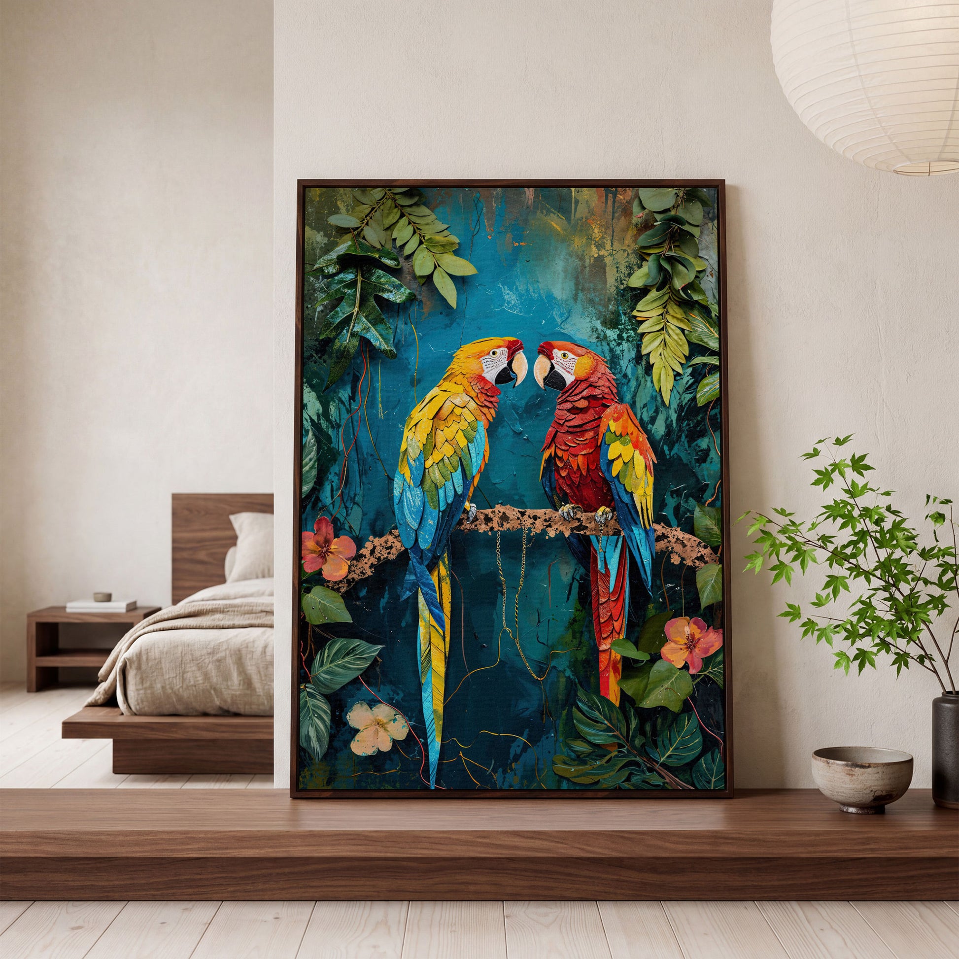 Vibrant Parrots Pair Portrait Canvas in dark walnut floating frame