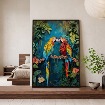 Vibrant Parrots Pair Portrait Canvas in dark walnut floating frame