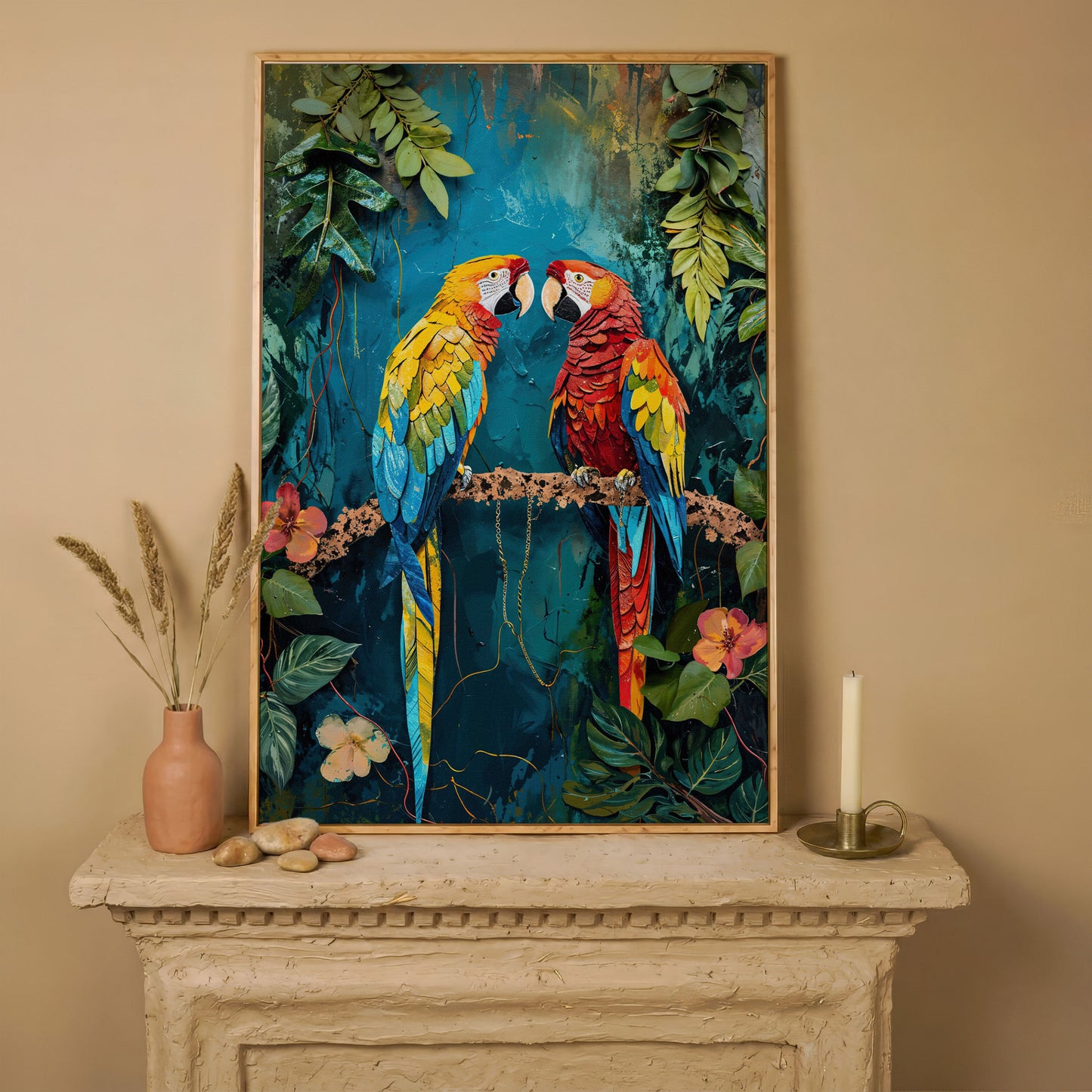 Vibrant Parrots Pair Portrait Canvas in white oak floating frame