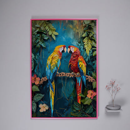 Vibrant Parrots Pair Portrait Canvas in pink floating frame