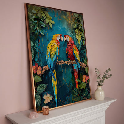Vibrant Parrots Pair Portrait Canvas in rose gold floating frame