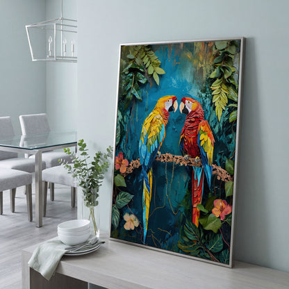 Vibrant Parrots Pair Portrait Canvas in silver floating frame