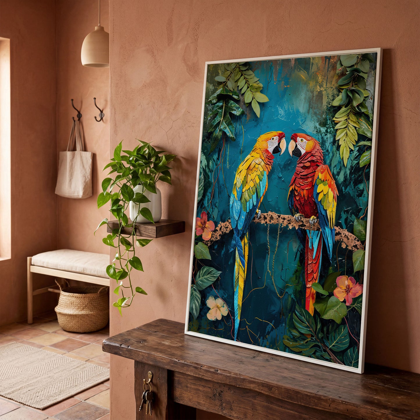 Vibrant Parrots Pair Portrait Canvas in white floating frame