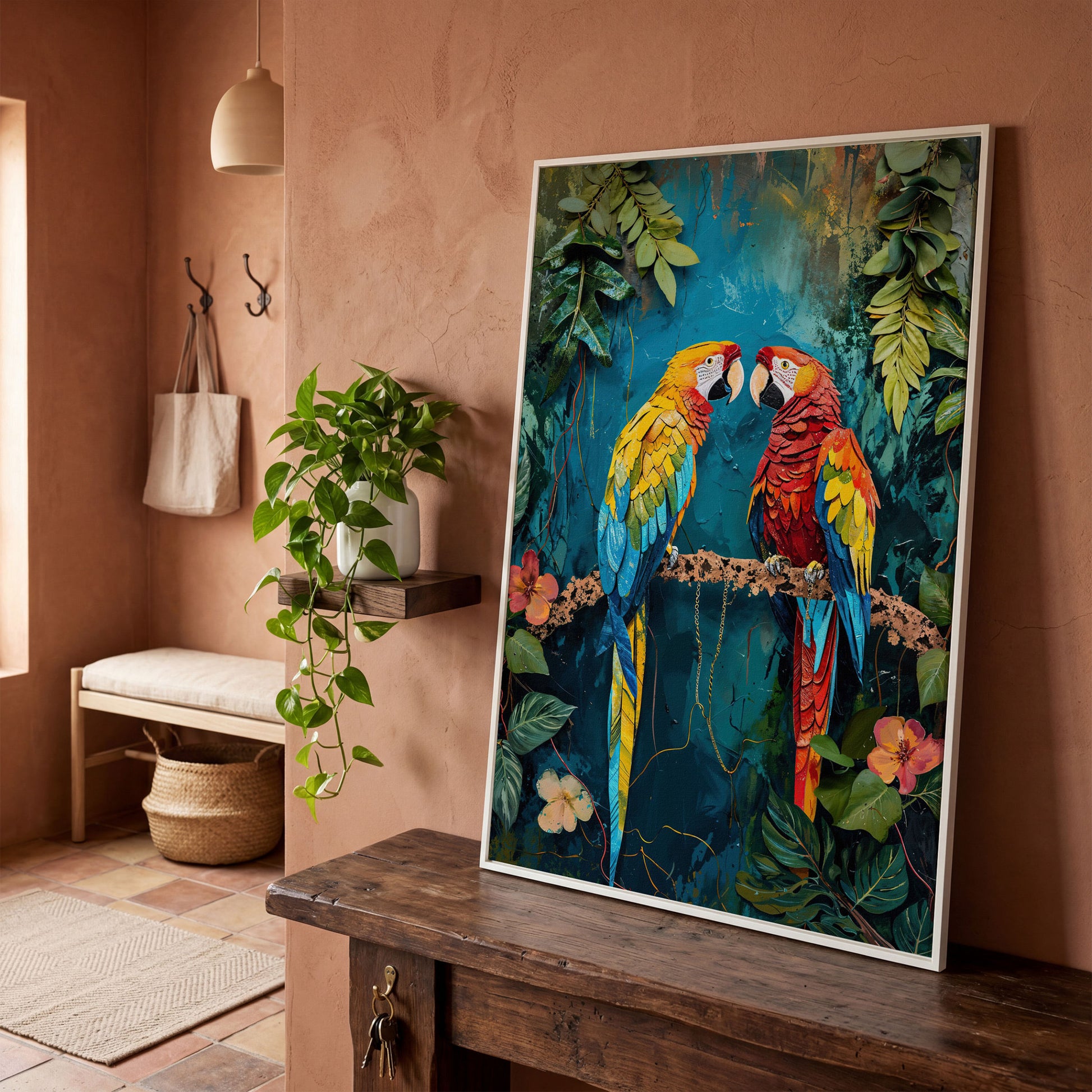Vibrant Parrots Pair Portrait Canvas in white floating frame