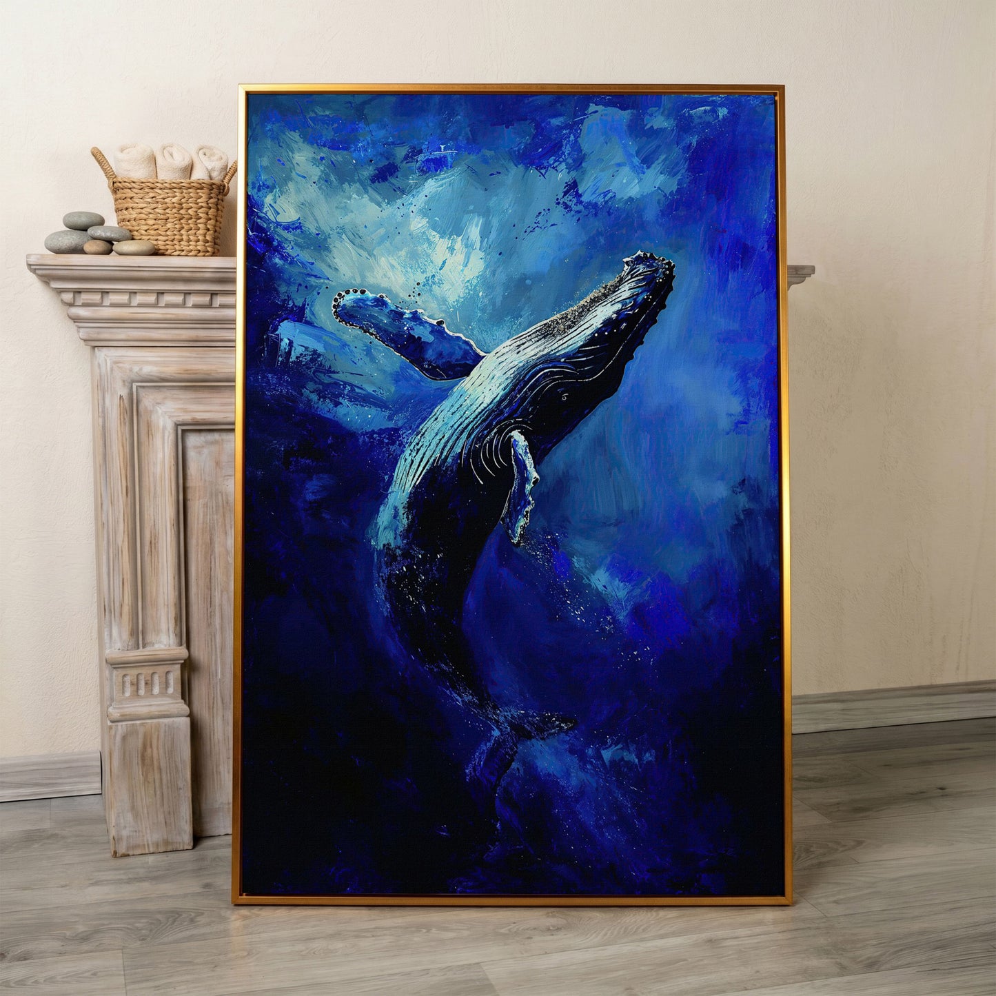 Navy Humpback Whale Canvas Print in antique gold floating frame