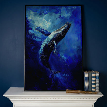 Navy Humpback Whale Canvas Print in black floating frame