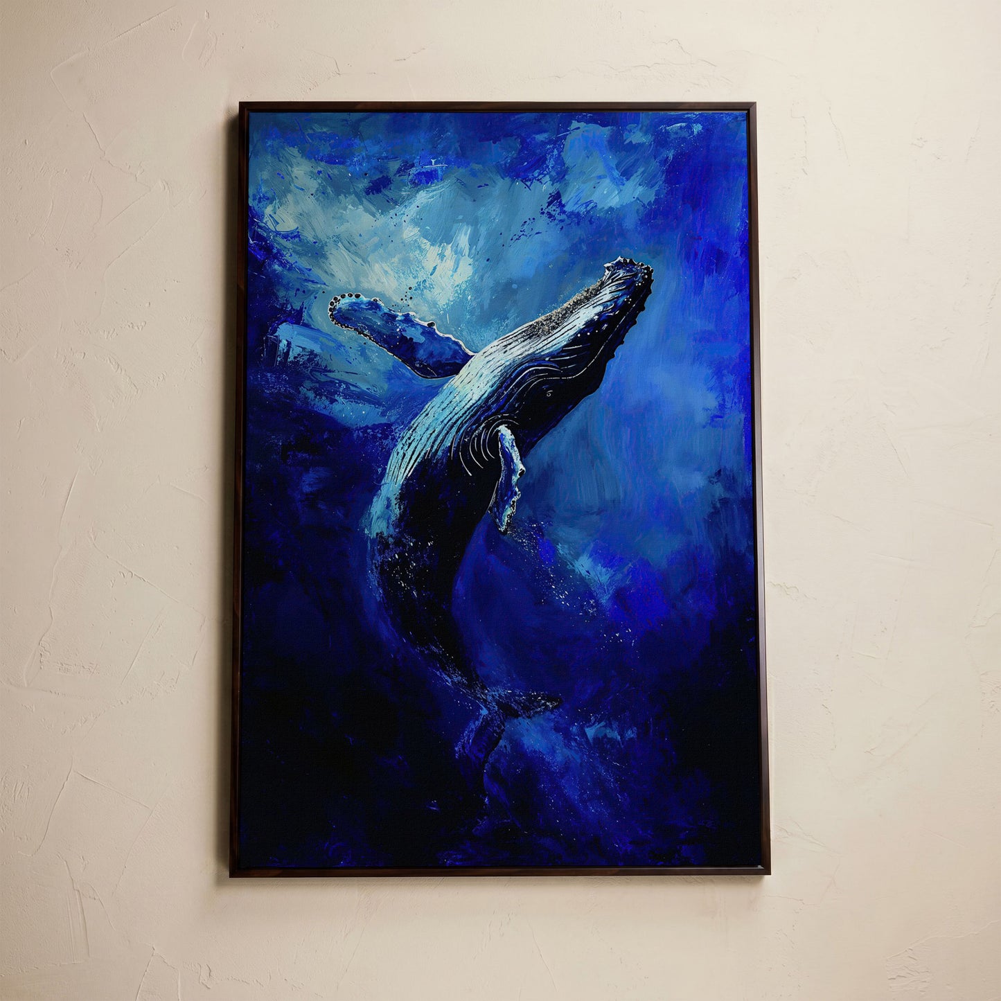 Navy Humpback Whale Canvas Print in dark walnut floating frame