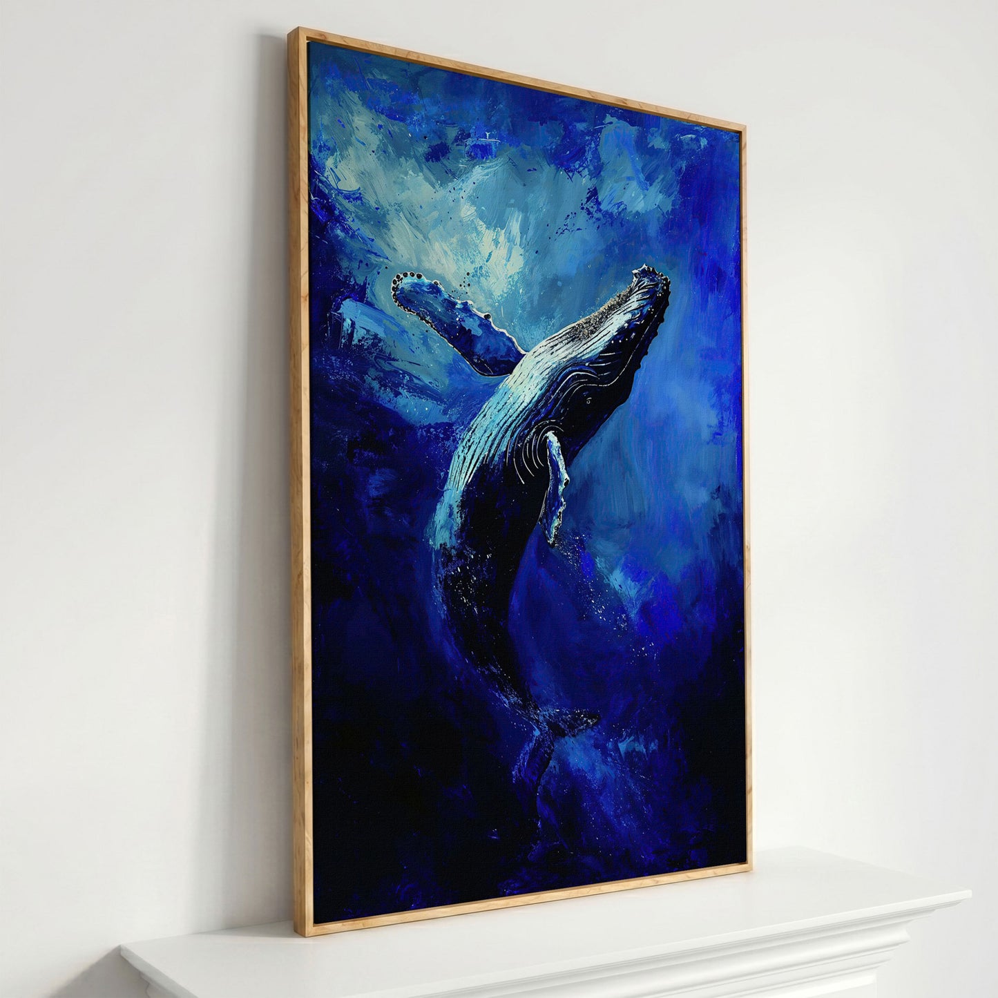 Navy Humpback Whale Canvas Print in white oak floating frame
