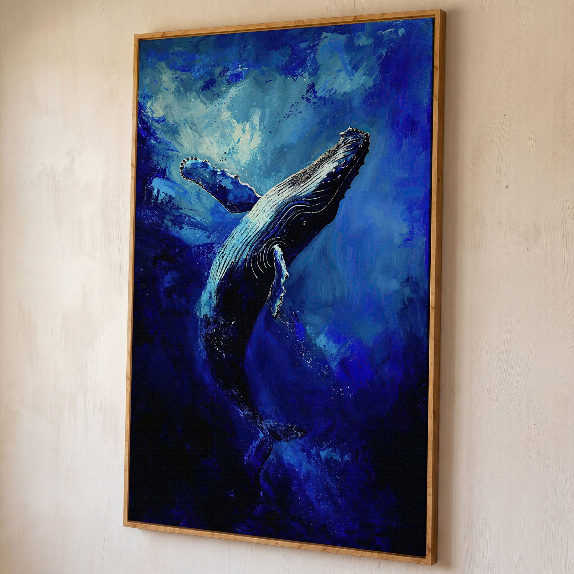 Navy Humpback Whale Canvas Print shown in white oak floating frame