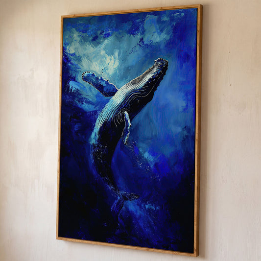 Navy Humpback Whale Canvas Print shown in white oak floating frame