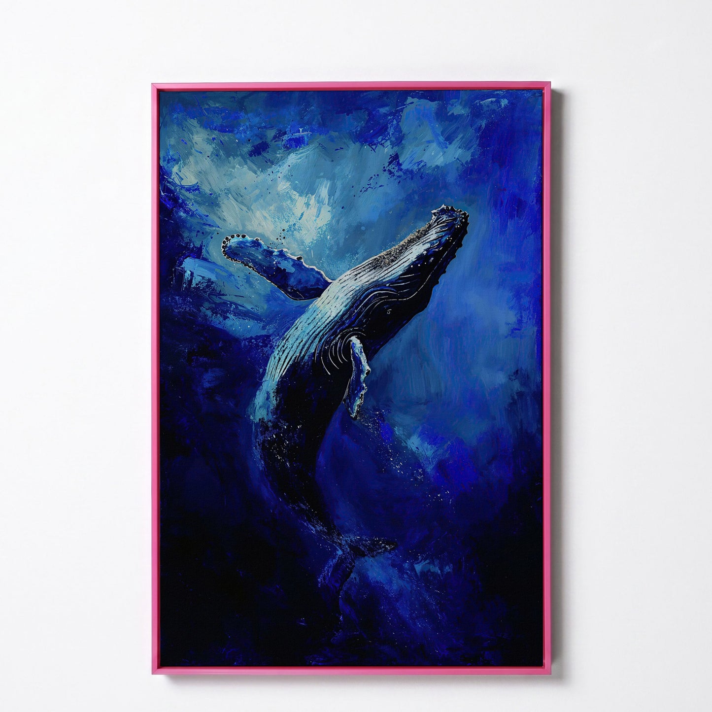 Navy Humpback Whale Canvas Print in pink floating frame