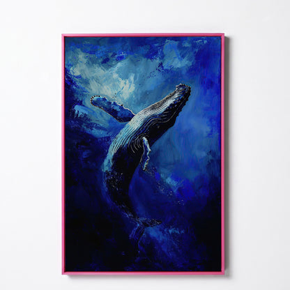 Navy Humpback Whale Canvas Print in pink floating frame