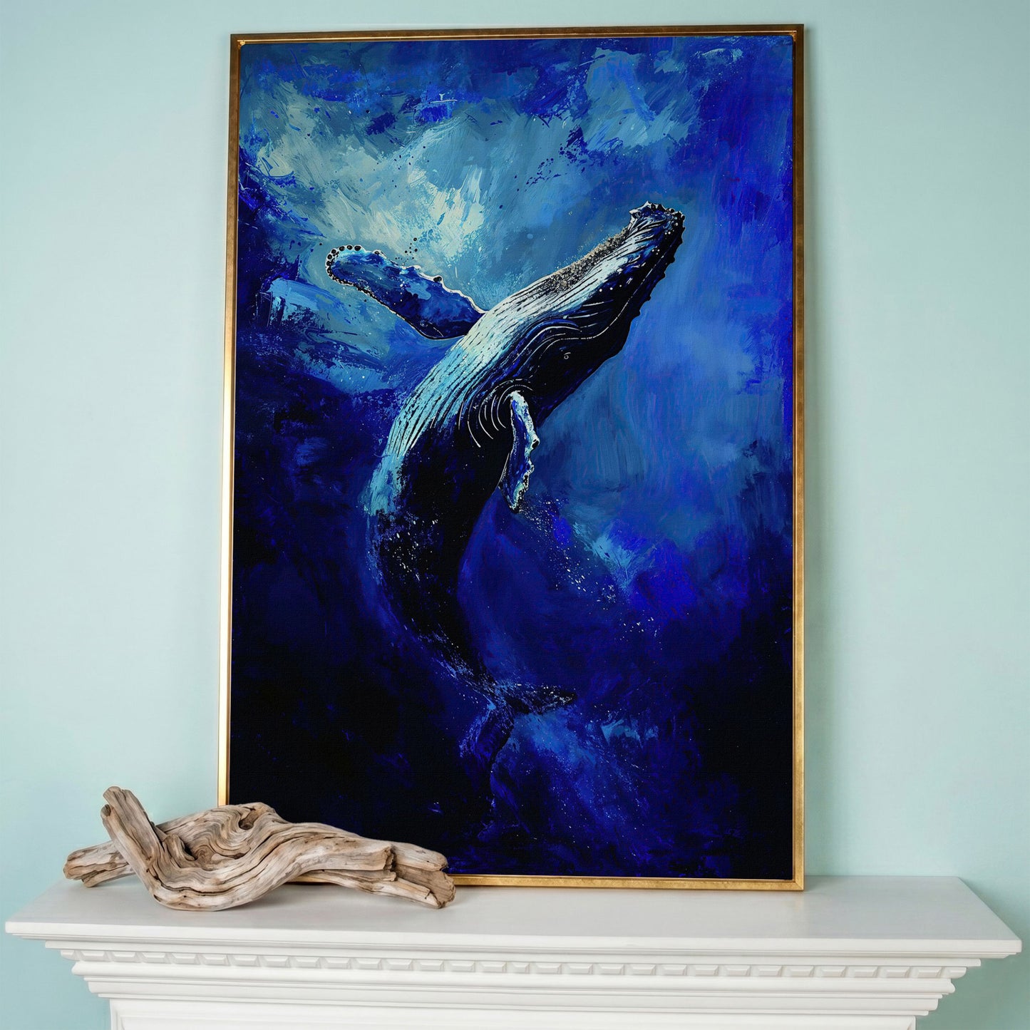 Navy Humpback Whale Canvas Print in rose gold floating frame