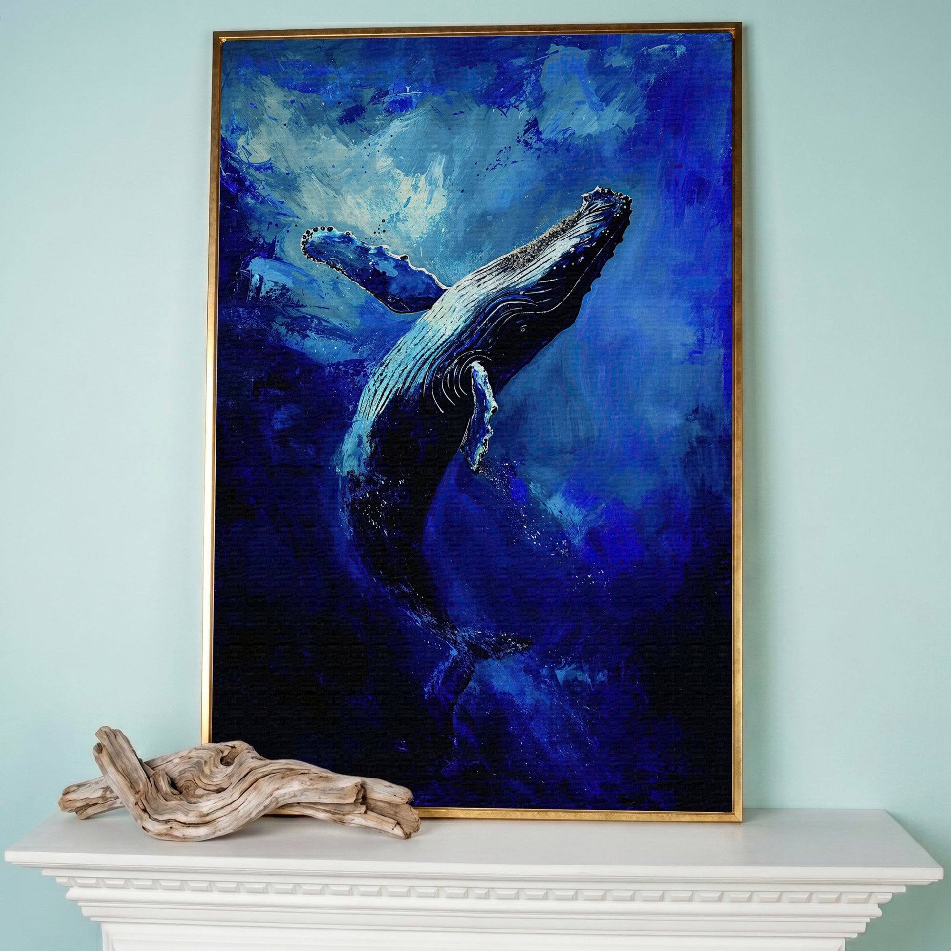 Navy Humpback Whale Canvas Print in rose gold floating frame