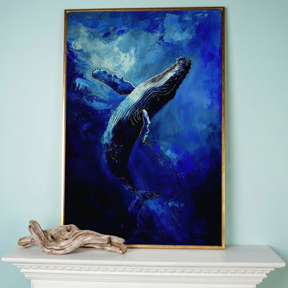 Navy Humpback Whale Canvas Print in rose gold floating frame