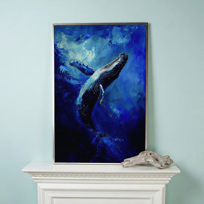 Navy Humpback Whale Canvas Print in silver floating frame