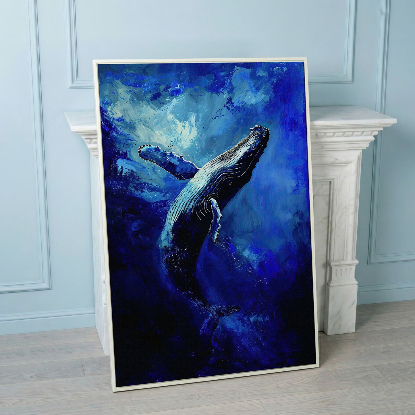 Navy Humpback Whale Canvas Print in white floating frame