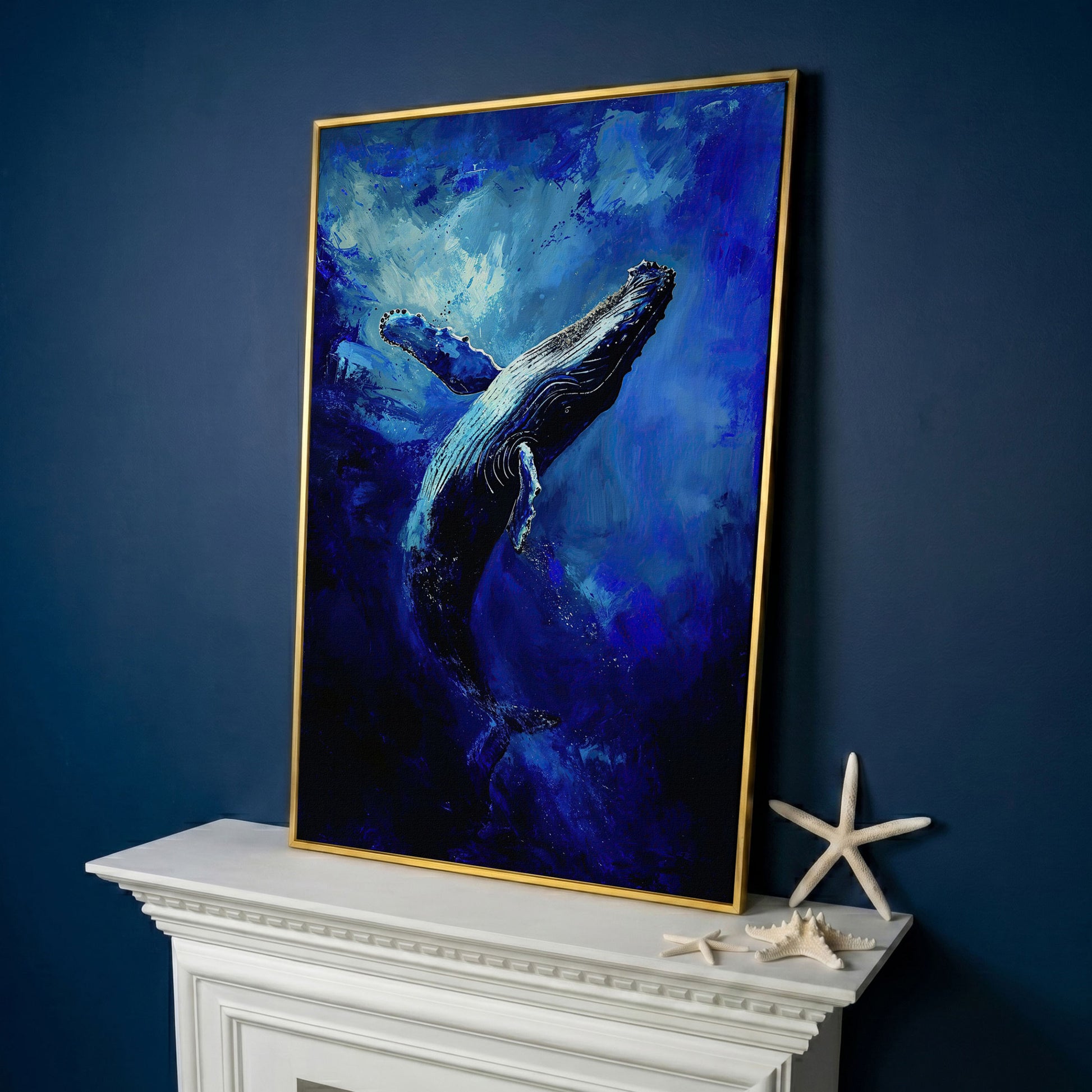 Navy Humpback Whale Canvas Print in yellow gold floating frame