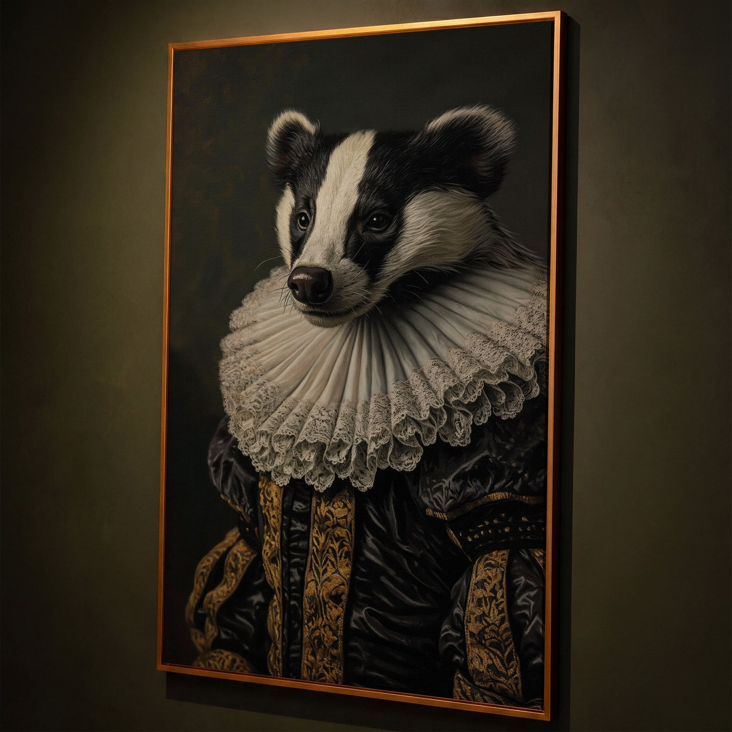 Aristocrat Badger Portrait Canvas shown in antique gold floating frame