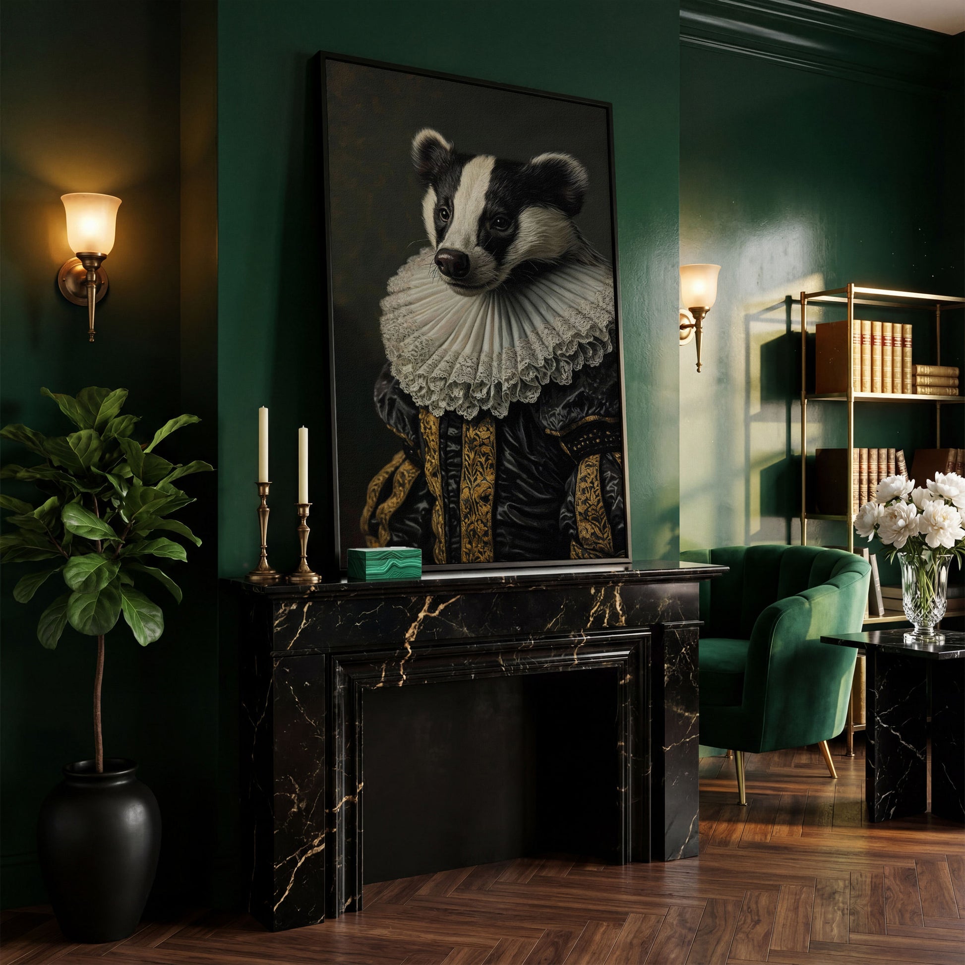 Aristocrat Badger Portrait Canvas in black floating frame