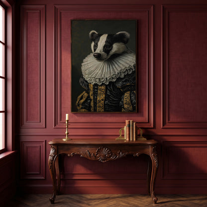 Aristocrat Badger Portrait Canvas in dark walnut floating frame