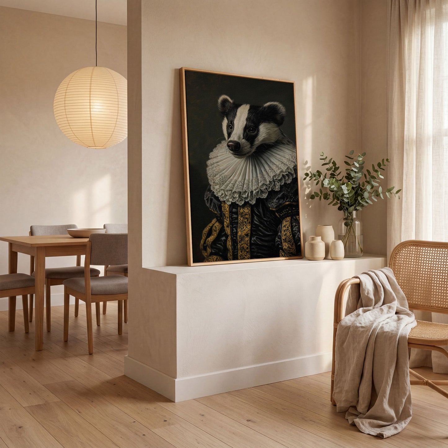 Aristocrat Badger Portrait Canvas in white oak floating frame