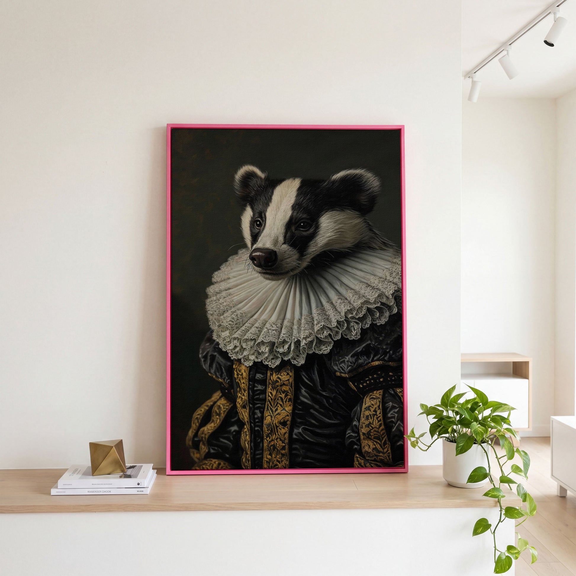 Aristocrat Badger Portrait Canvas in pink floating frame