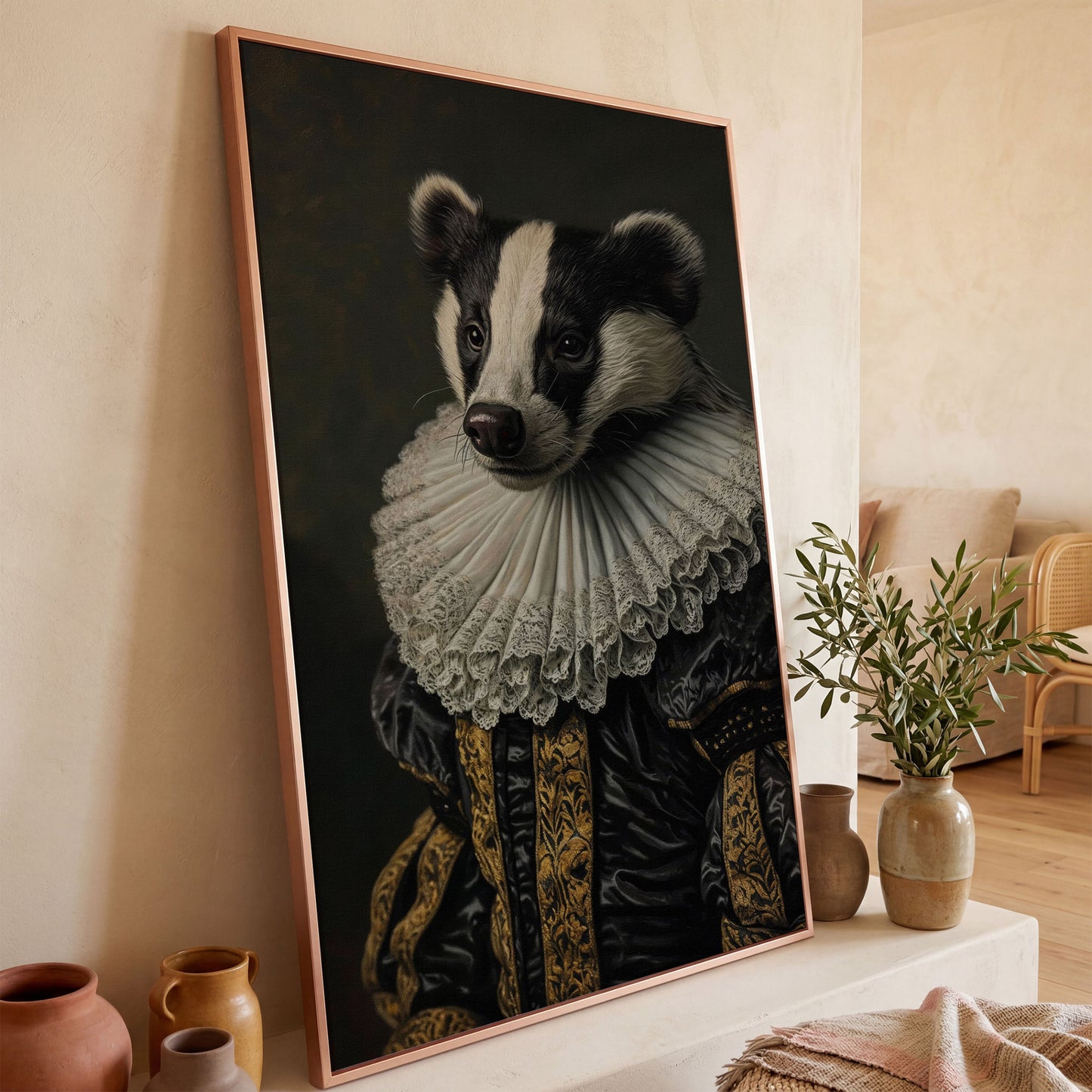 Aristocrat Badger Portrait Canvas in rose gold floating frame