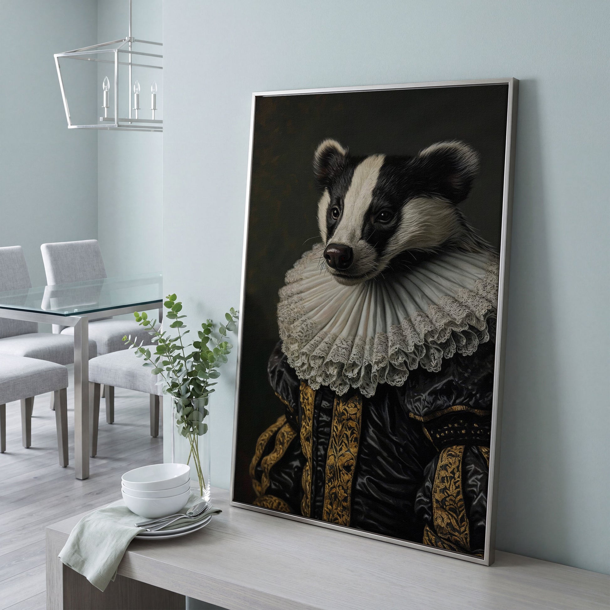 Aristocrat Badger Portrait Canvas in silver floating frame