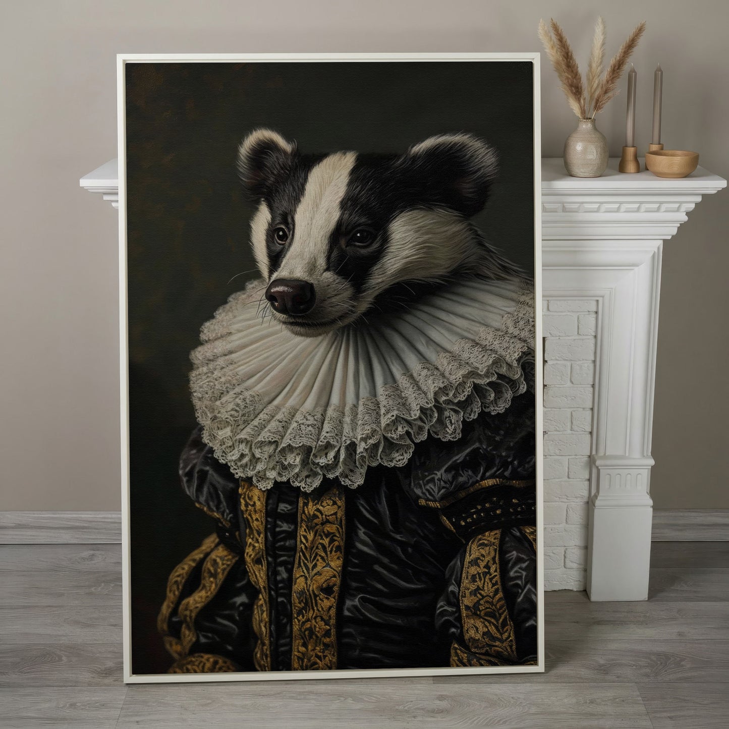 Aristocrat Badger Portrait Canvas in white floating frame