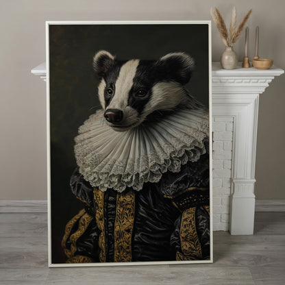 Aristocrat Badger Portrait Canvas in white floating frame