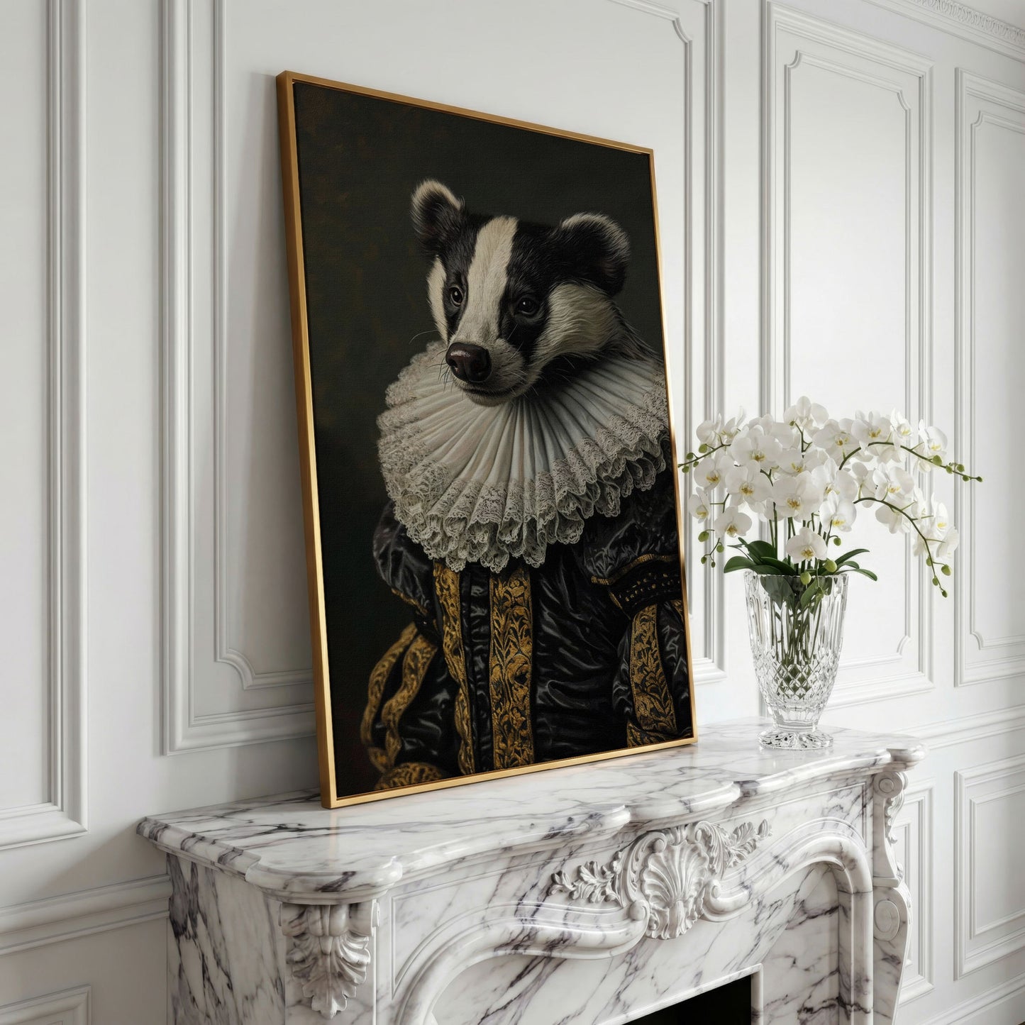 Aristocrat Badger Portrait Canvas in yellow gold floating frame