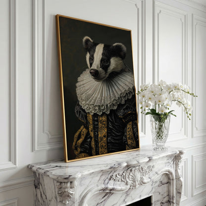 Aristocrat Badger Portrait Canvas in yellow gold floating frame