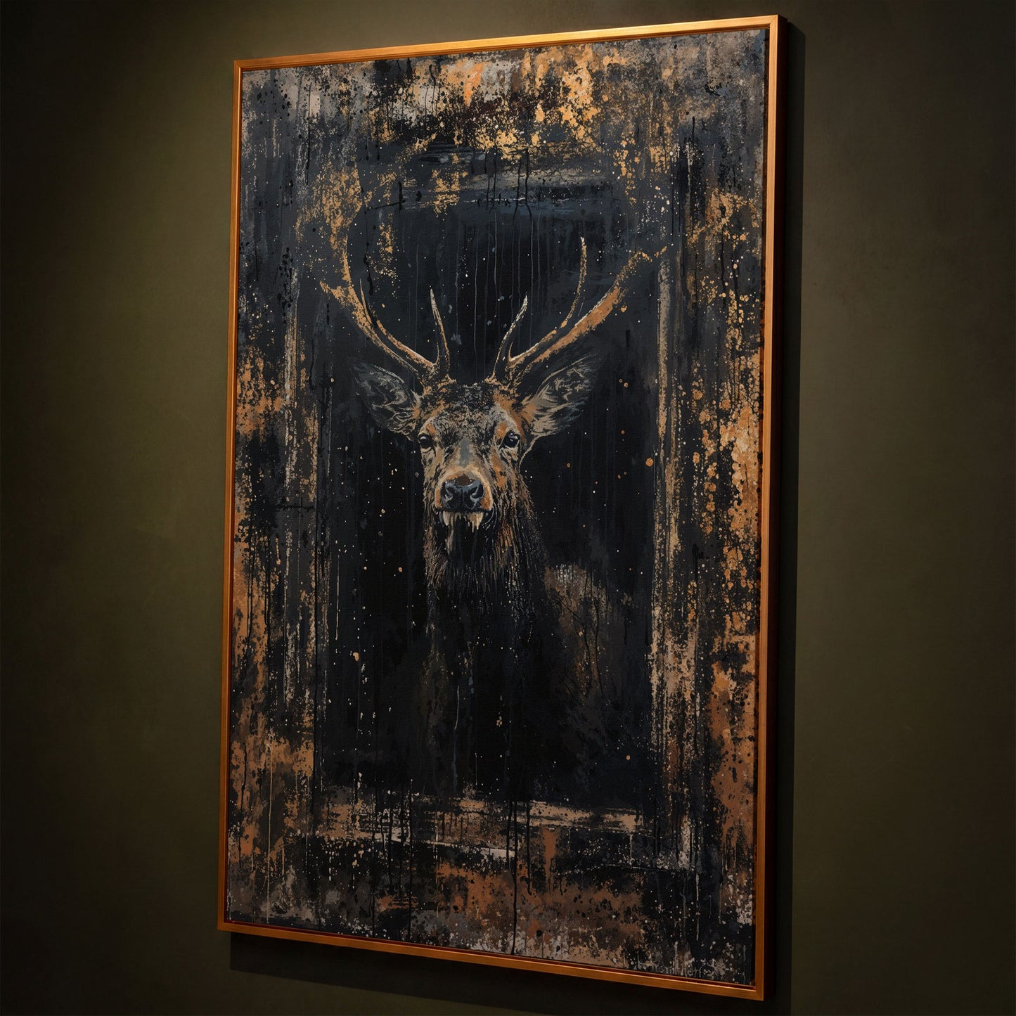 Abstract Stag Portrait Canvas Print shown in antique gold floating frame