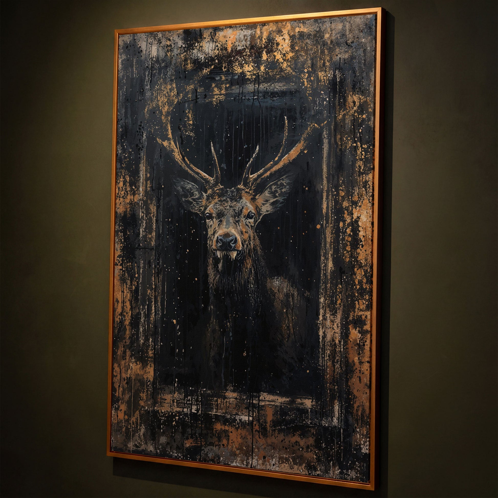 Abstract Stag Portrait Canvas Print shown in antique gold floating frame