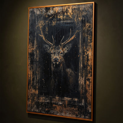 Abstract Stag Portrait Canvas Print shown in antique gold floating frame