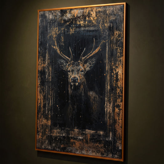 Abstract Stag Portrait Canvas Print shown in antique gold floating frame