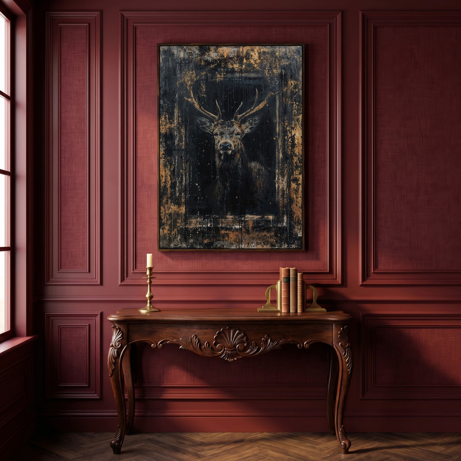Abstract Stag Portrait Canvas Print in dark walnut floating frame