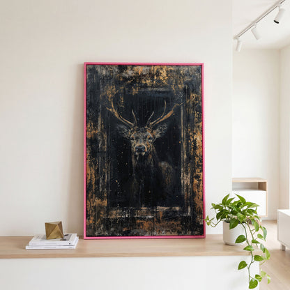 Abstract Stag Portrait Canvas Print in pink floating frame