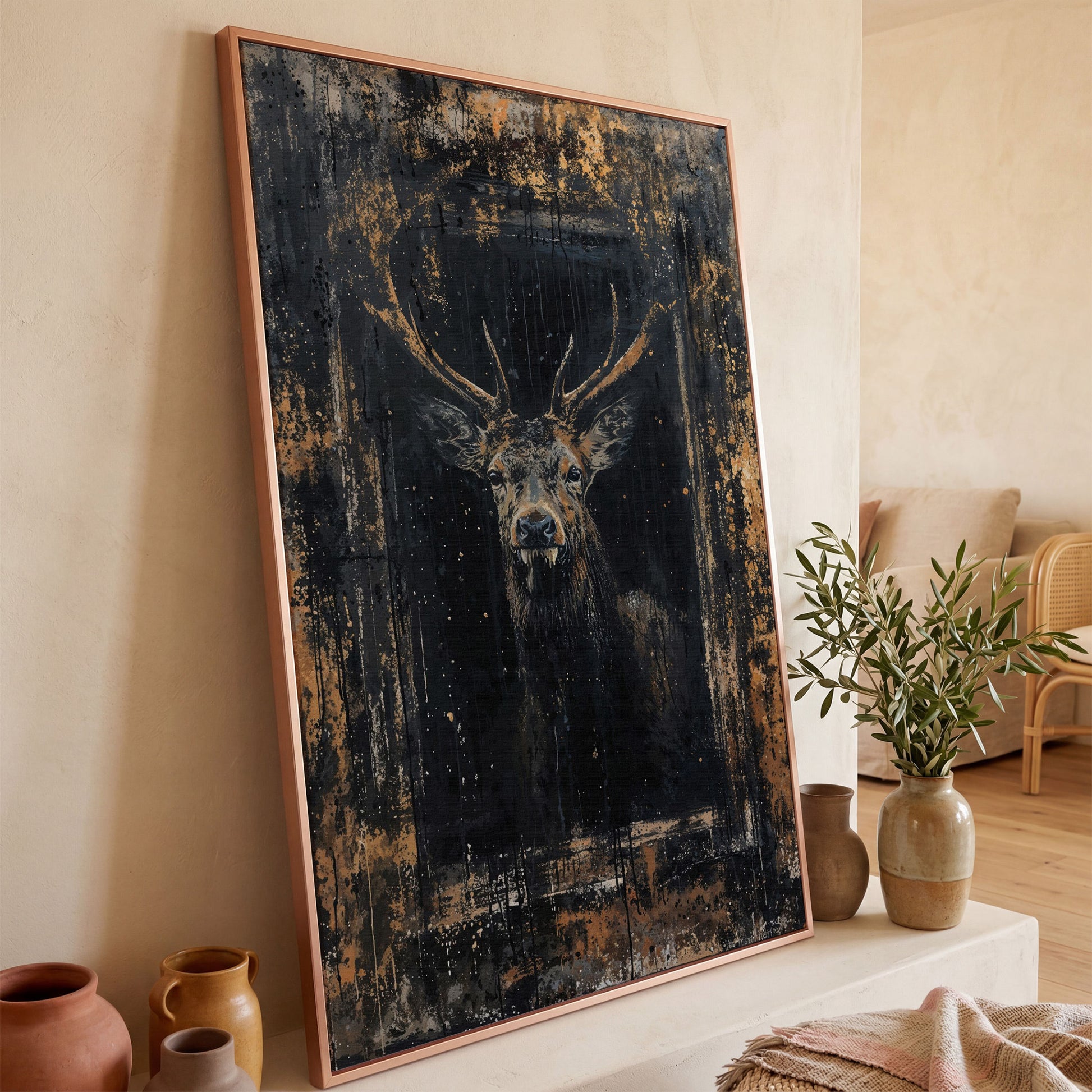 Abstract Stag Portrait Canvas Print in rose gold floating frame