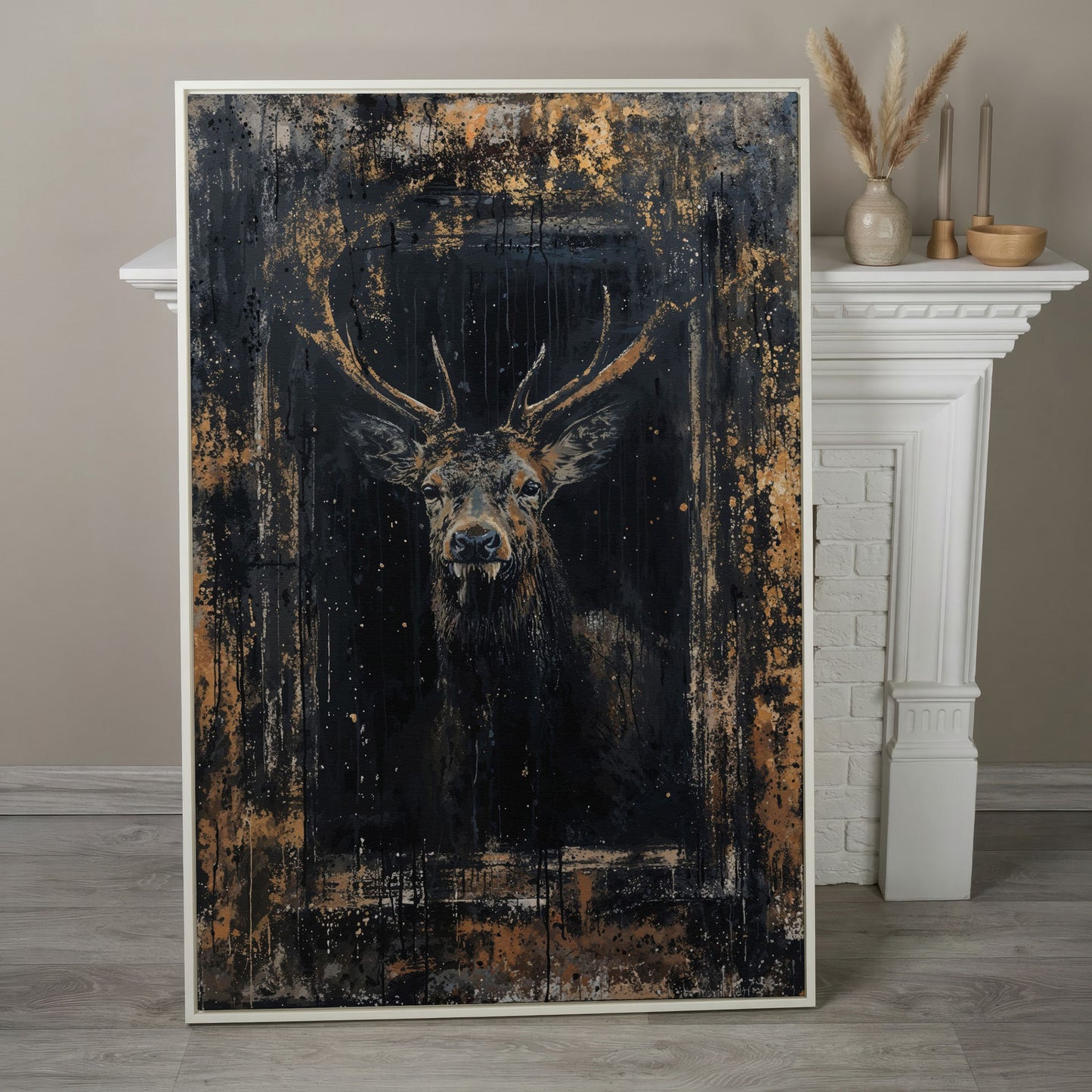 Abstract Stag Portrait Canvas Print in white floating frame