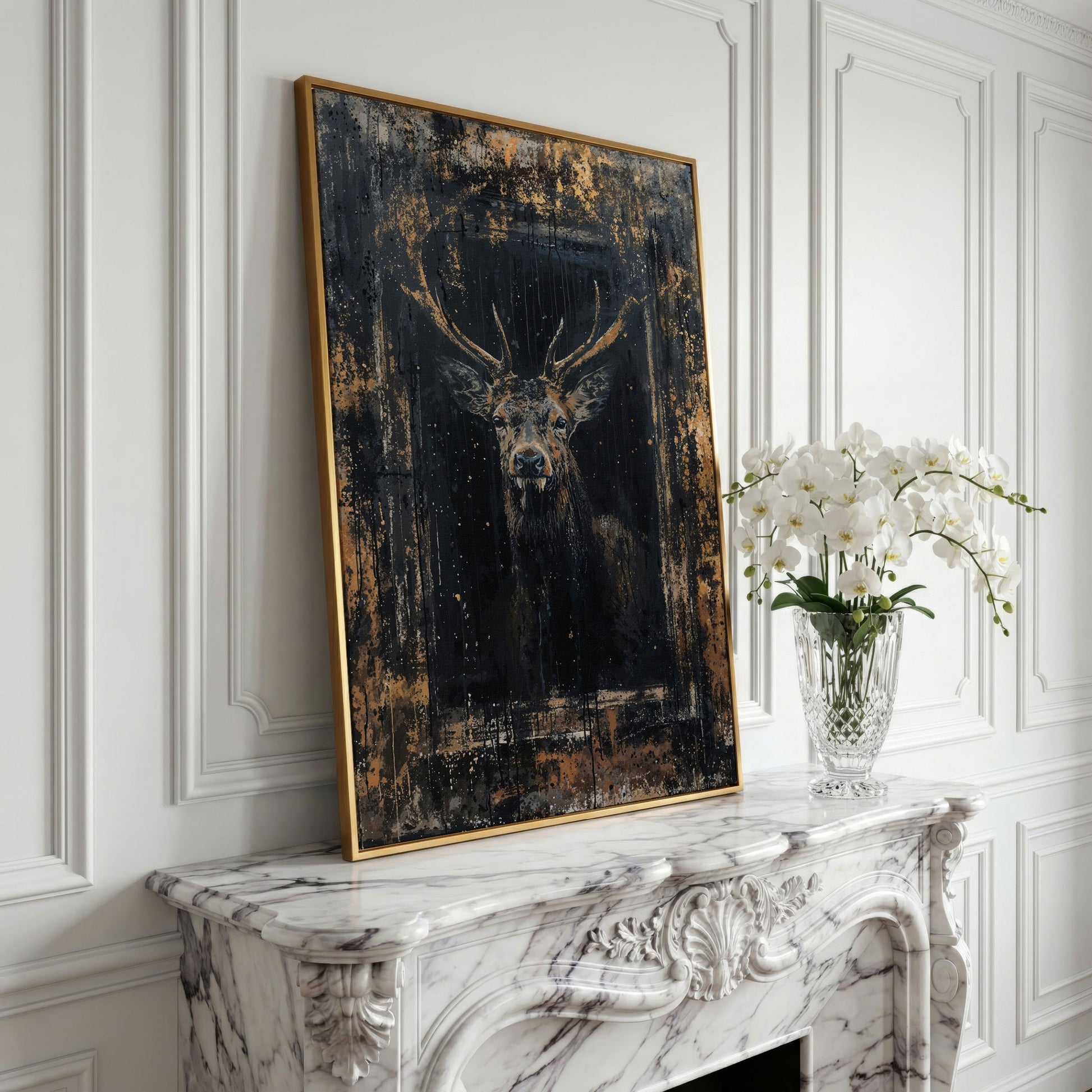 Abstract Stag Portrait Canvas Print in yellow gold floating frame