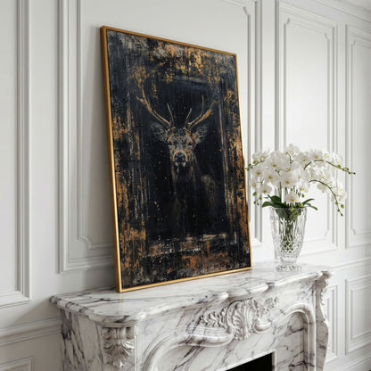 Abstract Stag Portrait Canvas Print in yellow gold floating frame