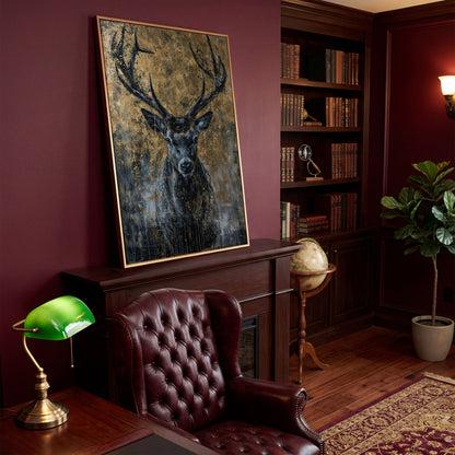 Abstract Black and Gold Deer Canvas in antique gold floating frame