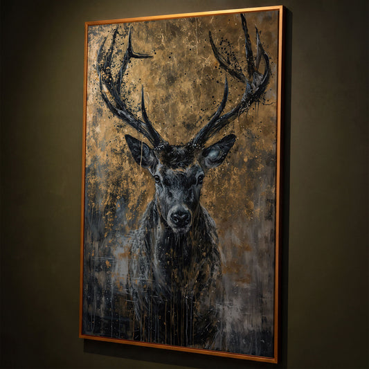 Abstract Black and Gold Deer Canvas shown in antique gold floating frame