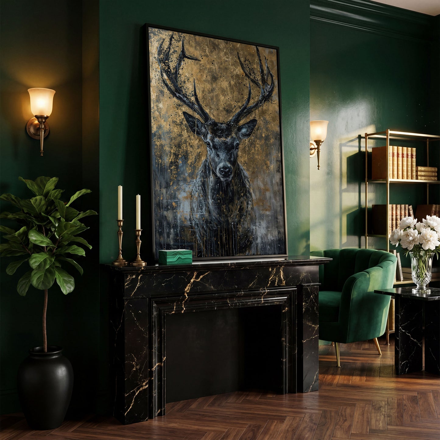 Abstract Black and Gold Deer Canvas in black floating frame