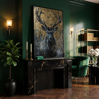 Abstract Black and Gold Deer Canvas in black floating frame