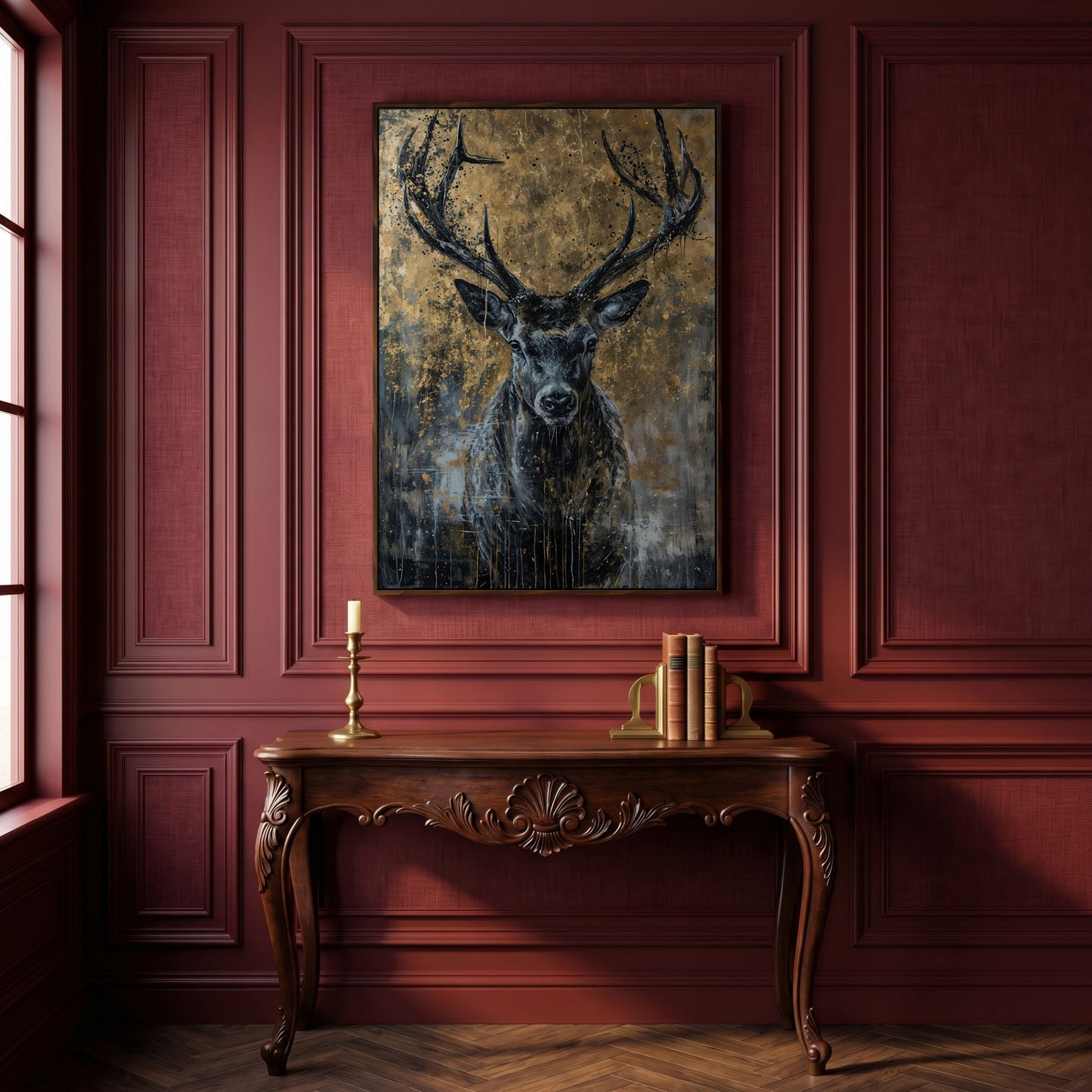 Abstract Black and Gold Deer Canvas in dark walnut floating frame