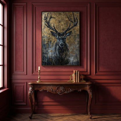 Abstract Black and Gold Deer Canvas in dark walnut floating frame