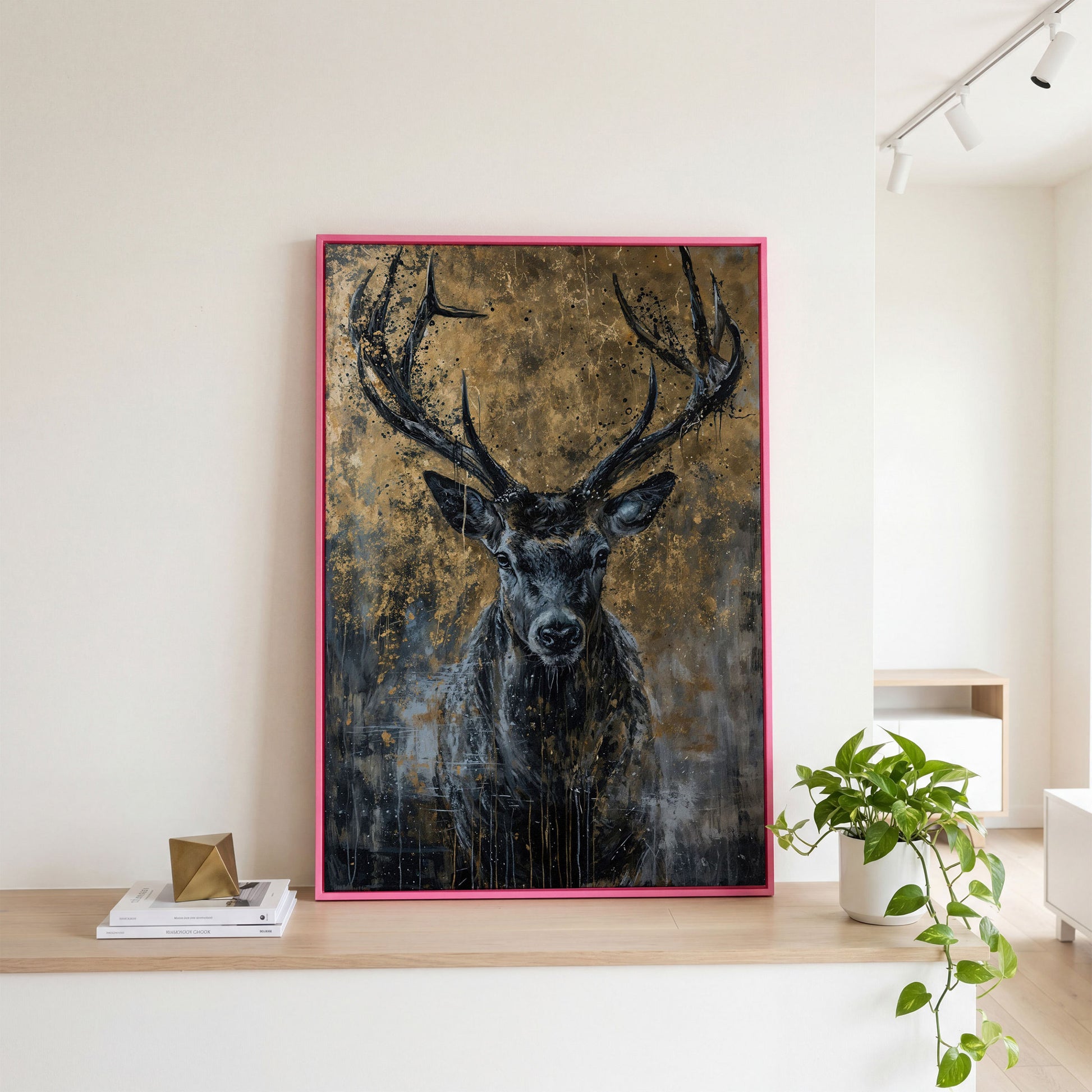 Abstract Black and Gold Deer Canvas in pink floating frame